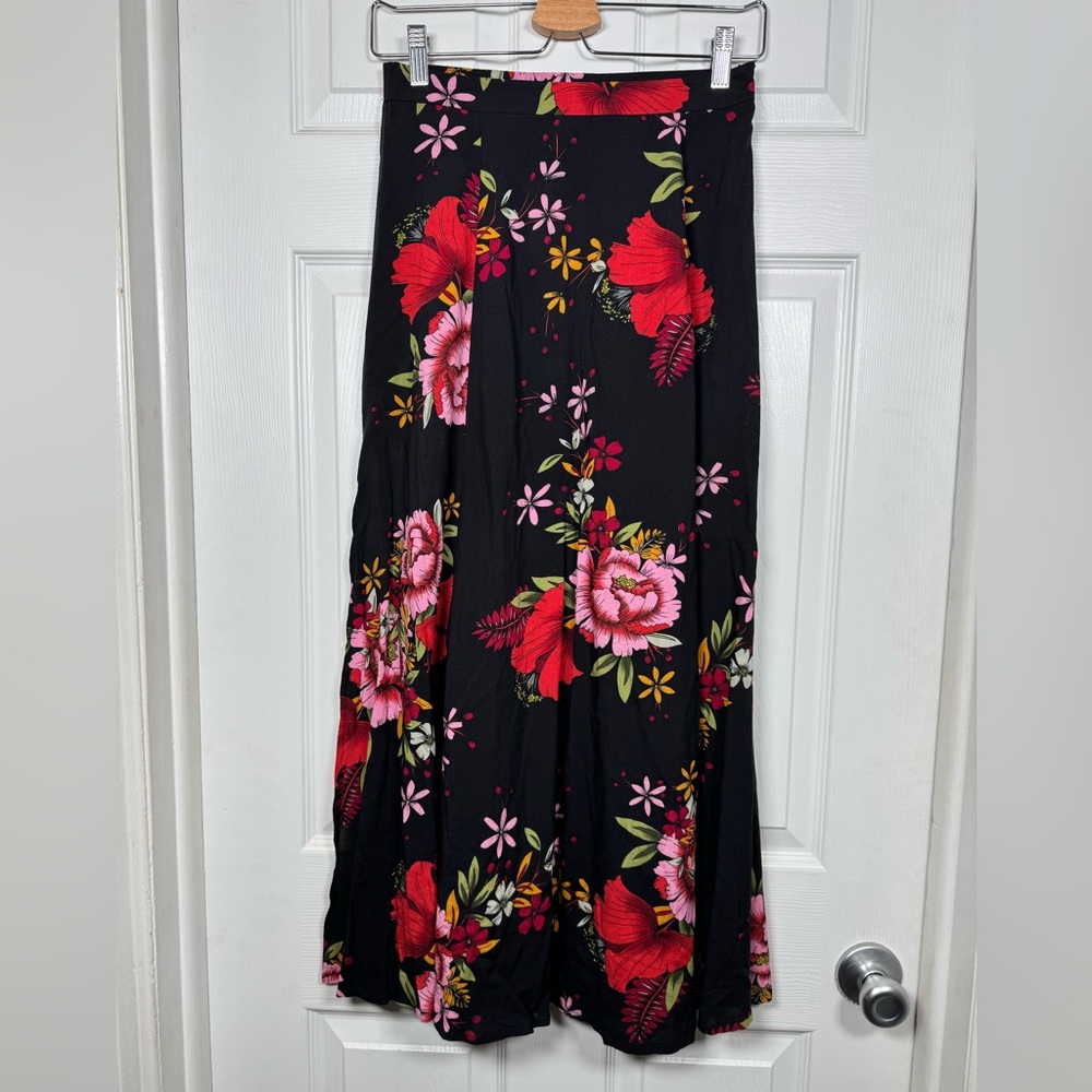 Lulus Black Floral Midi Skirt A-Line Dual Side Slit Size S